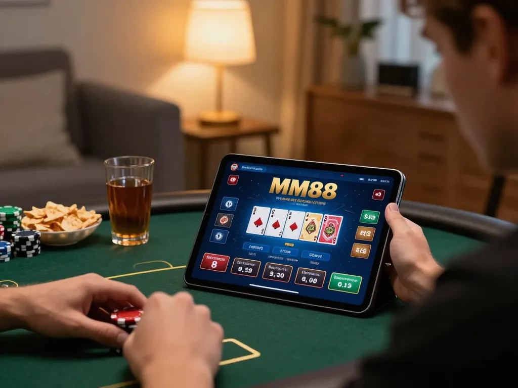 Engaging in an MM88 online poker game with a competitive atmosphere at home.
