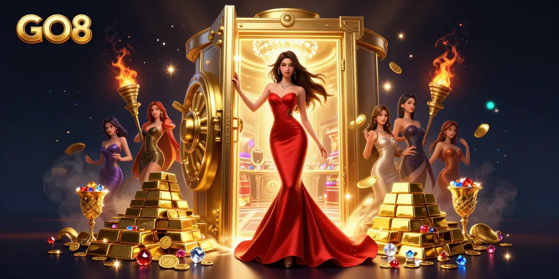 GO8 evokes excitement with a stunning Asian woman in a luxury casino scene filled with treasures.