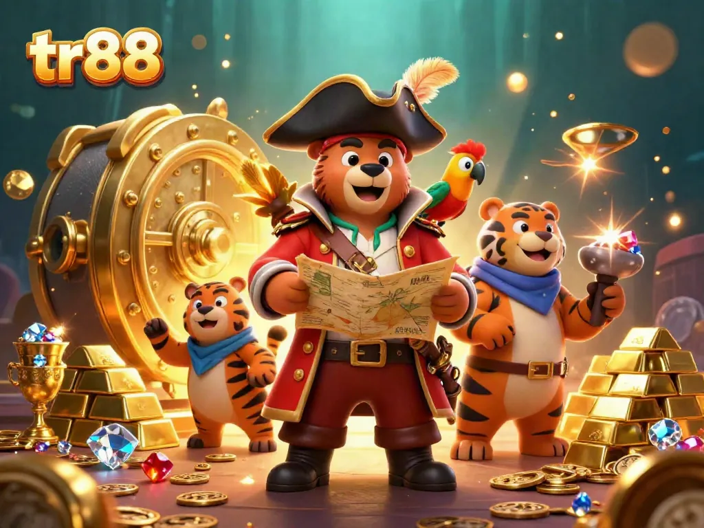 Experience the thrilling adventures of tr88 with cartoon pirate bear in a treasure-filled casino scene.