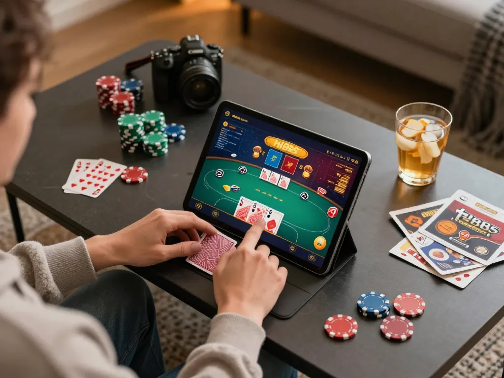 Engaging with the hi88s app for poker gaming at home, showing strategic gameplay setup.