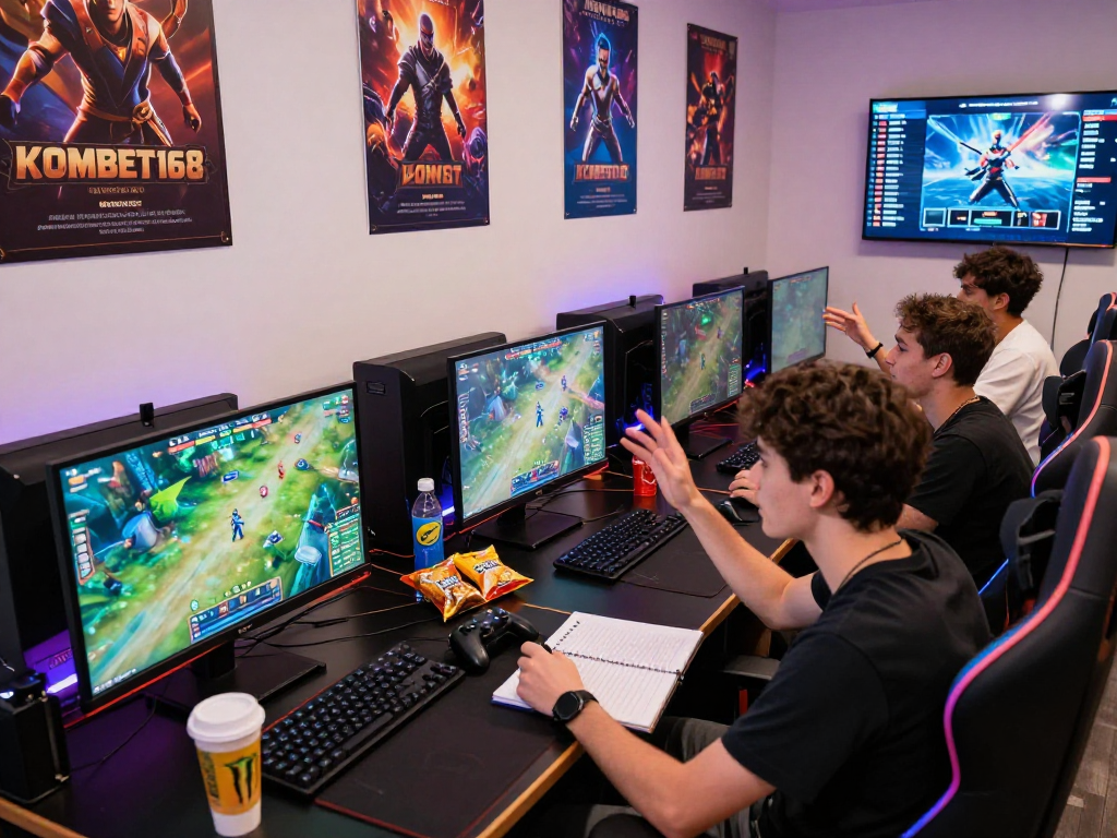 KOMBET168 gaming setup with friends enjoying competitive play and vibrant atmosphere.