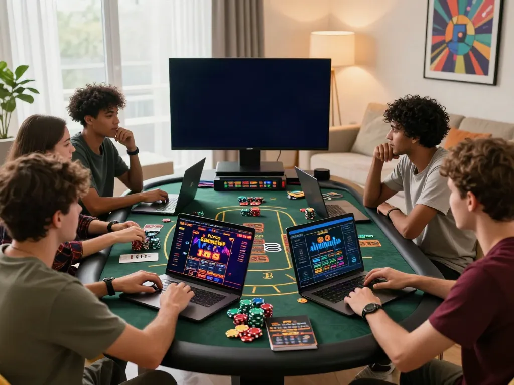 Diverse friends discussing gambling sites not on GamStop at a modern gaming table.