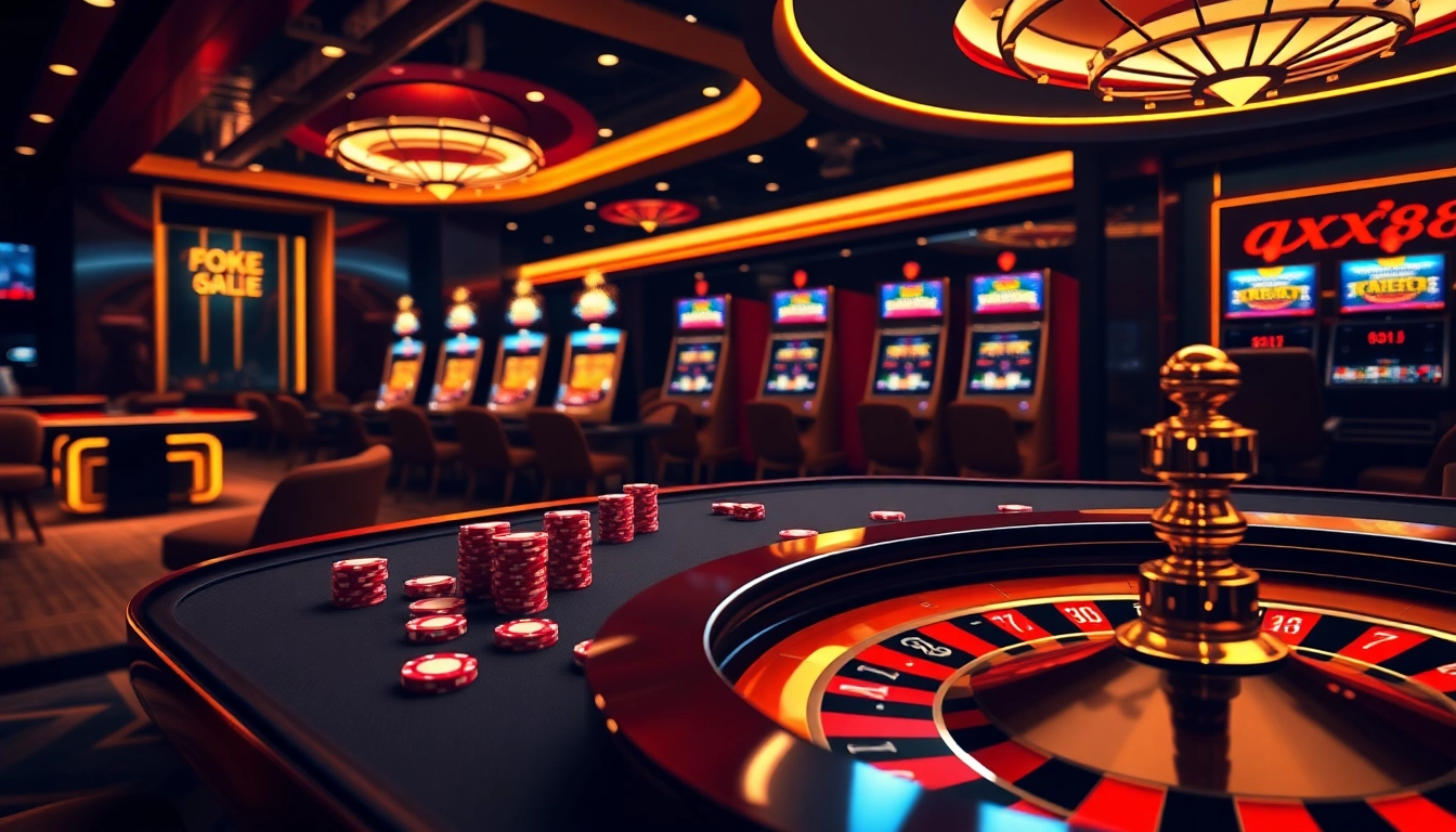 Engage with thrilling action at ax88's modern casino tables, featuring vibrant slot machines and poker chips.
