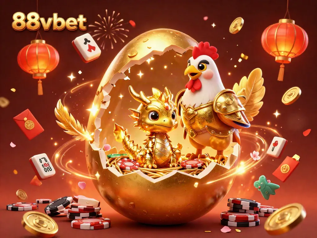Engage with the mesmerizing scene of 88vbet featuring a golden dragon, poker chips, and celebratory elements.