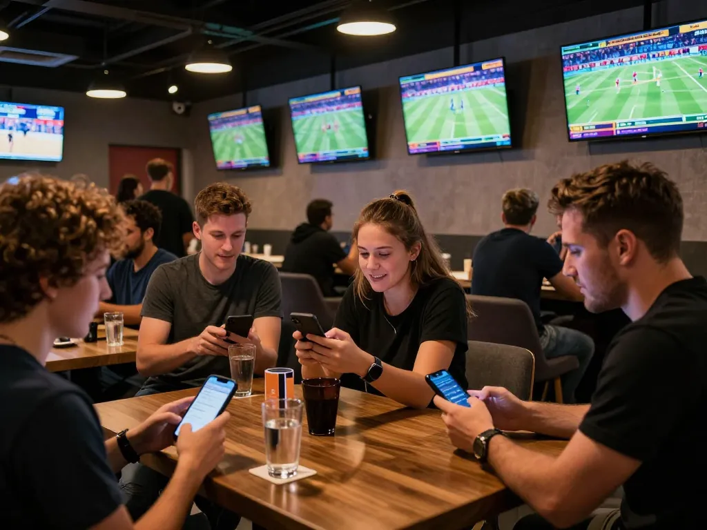 Excited patrons using five88 mobile app for sports betting in a modern lounge