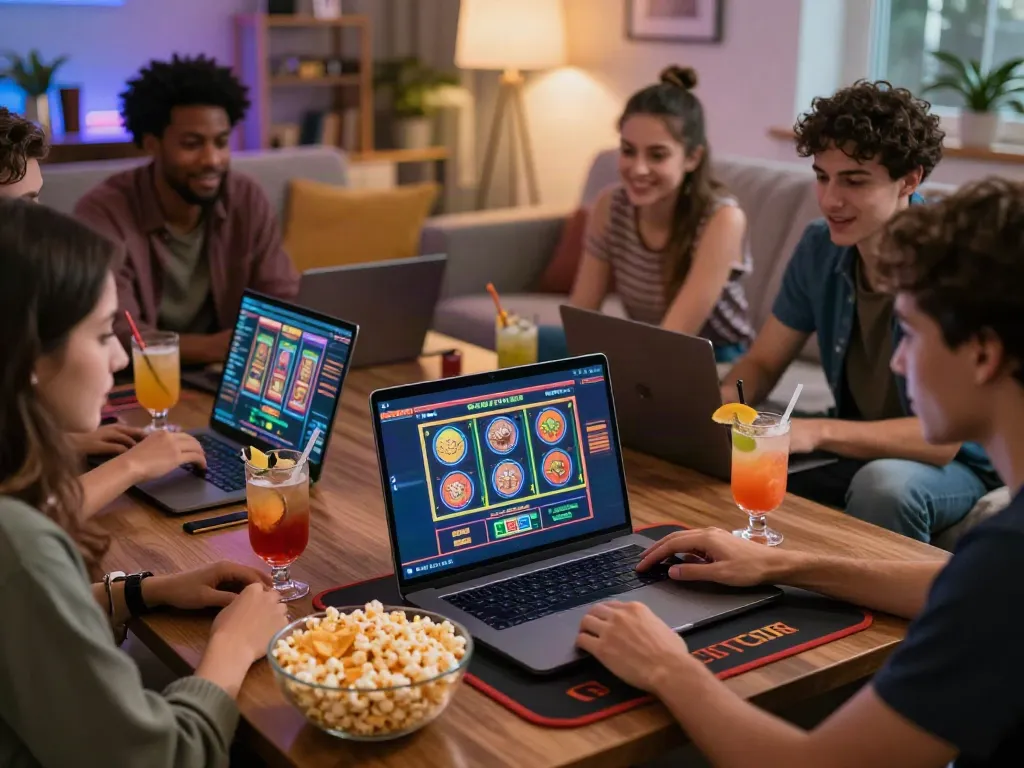 Friends enjoying gambling sites not on gamstop together on a laptop with drinks and snacks.