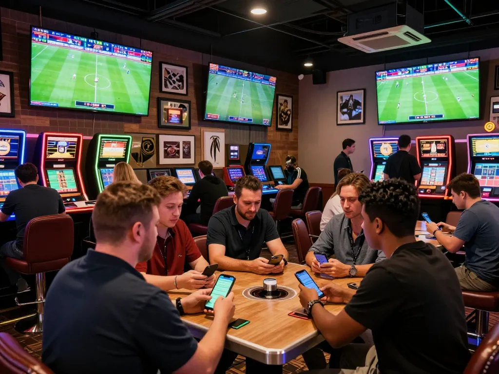 Excited gamblers placing bets at nhandinhkeonhacai in a lit sports betting lounge.