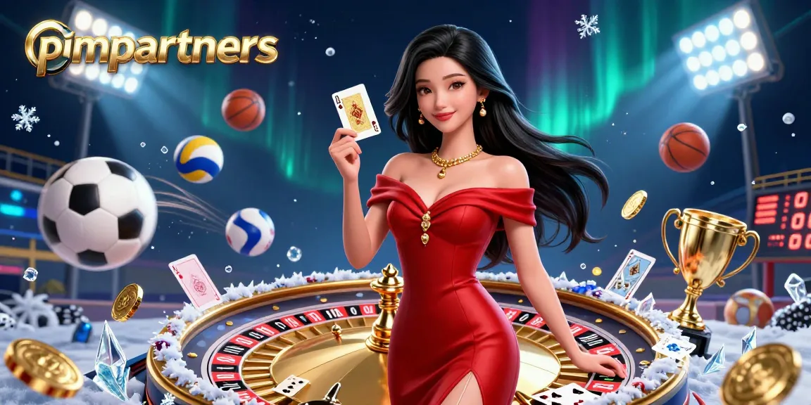 PMPARTNERS showcases a stunning casino scene highlighting a young Asian woman holding a golden playing card beside a roulette wheel.