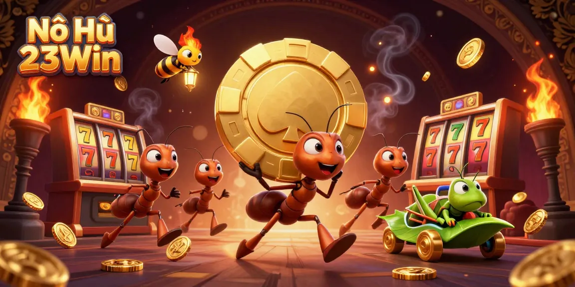 Nổ Hũ 23Win brings a thrilling heist scene with cartoon ants and golden slot machine elements