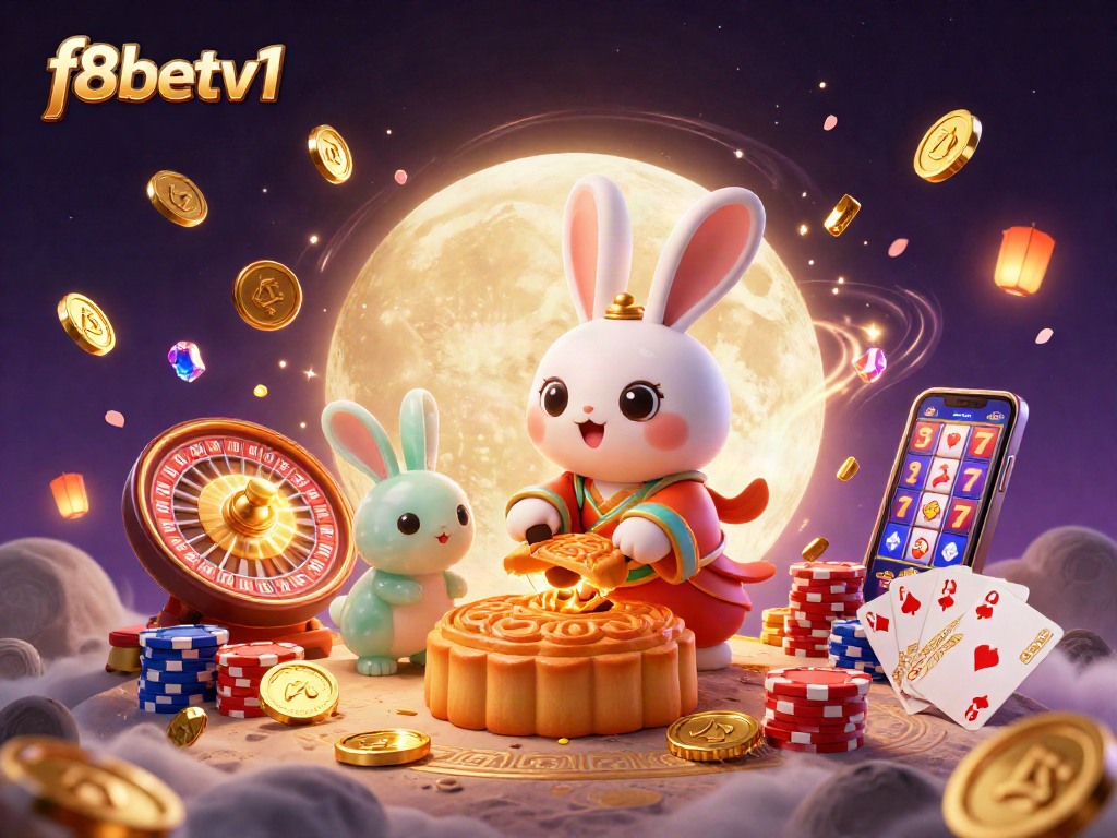 Join the fun at f8betv1 with a thrilling scene of a moon rabbit pounding mooncakes revealing poker chips!