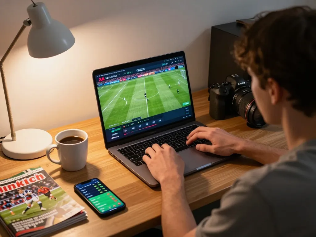 Xoilac streaming football match on a laptop while enjoying a cozy home atmosphere.