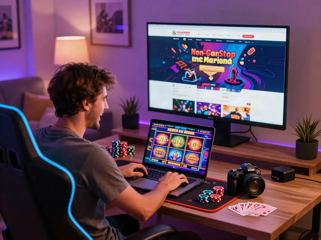 Person engaged in online gaming at non-GamStop gambling sites, illuminated living room.