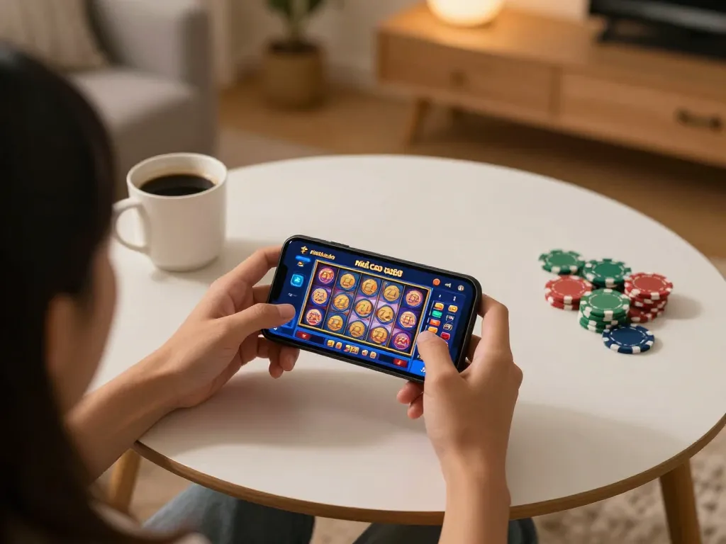 Engaging with the nhà cái uu88 casino app on smartphone, vibrant slot graphics displayed