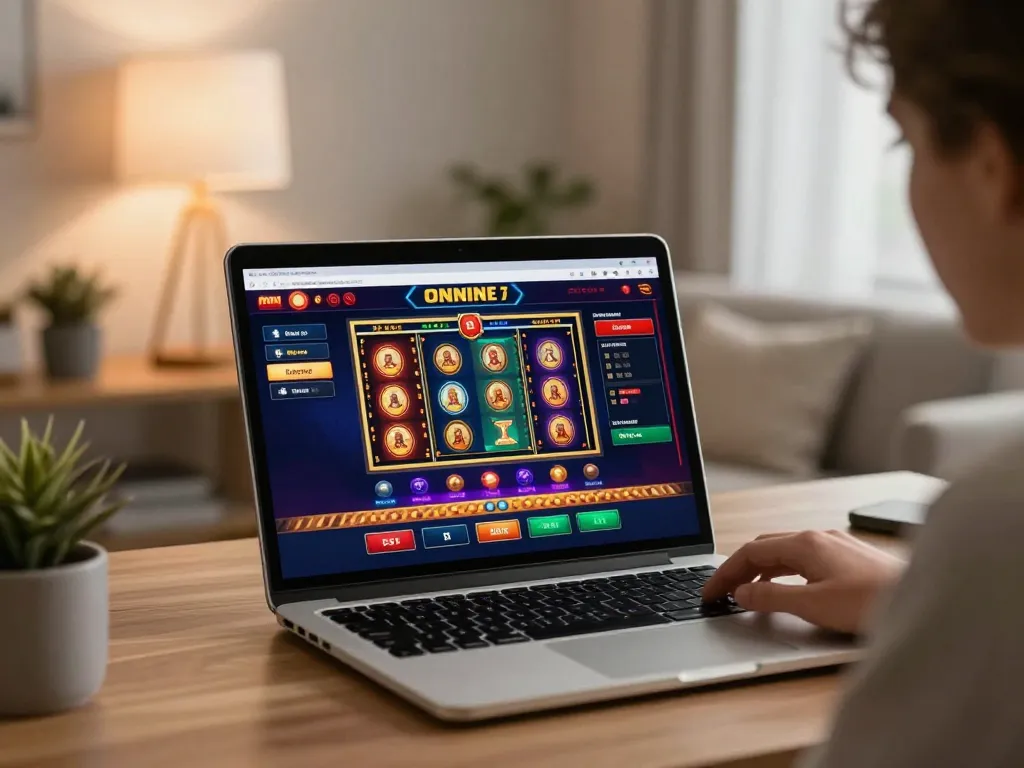 Engaging in online casino gameplay at XX88 with vibrant slots and interface displayed on laptop