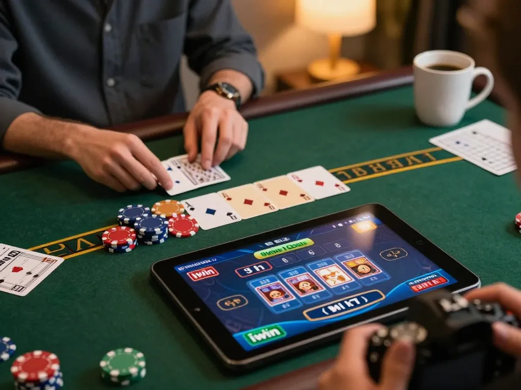 Iwin players strategizing during an online blackjack game at home, enhancing gaming experience
