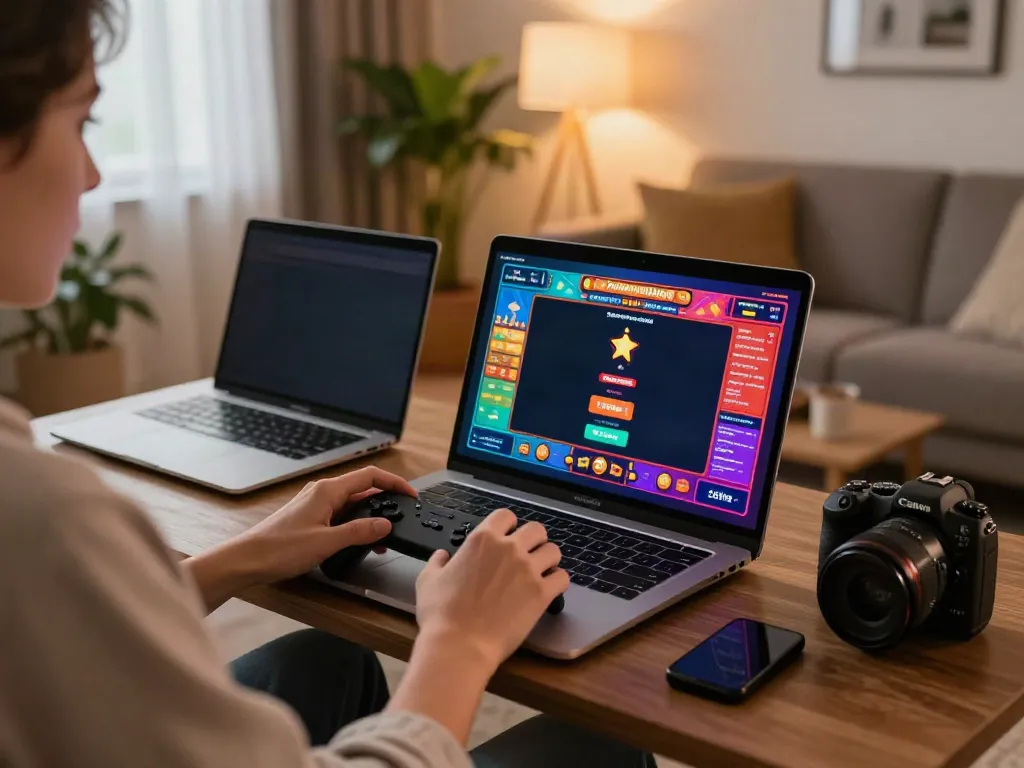 Individual enjoying gambling sites not on GamStop while playing games on a laptop in a cozy home.