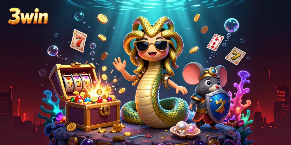 Engage in thrilling casino action with 3win's vibrant illustration featuring 3D characters and dynamic gaming elements.