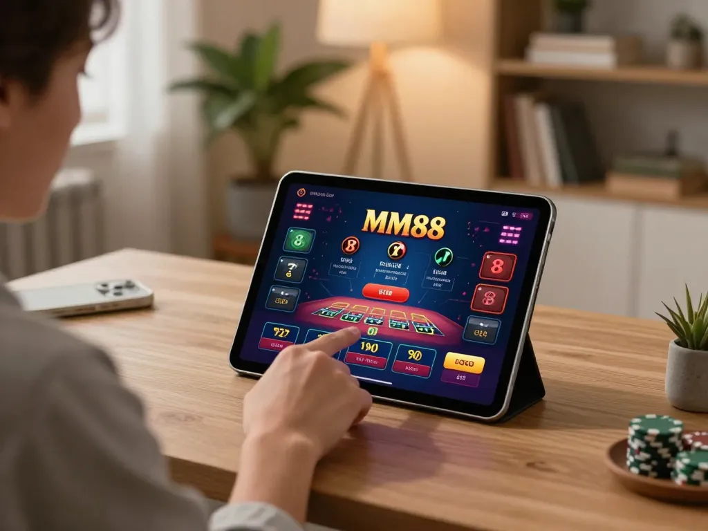 Playing on the MM88 casino app in a stylish home, showcasing strategic betting in a modern setting.