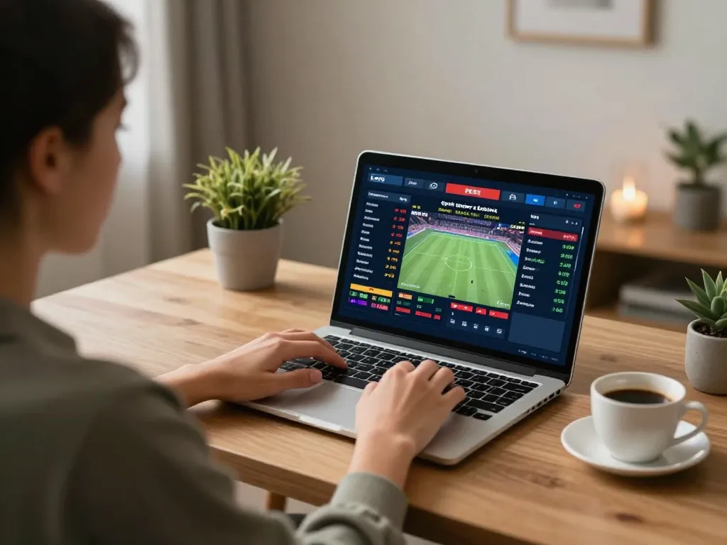 Engaging sports betting scene with 88aa8 online platform displayed on a laptop, showcasing live odds and a cozy home office environment.