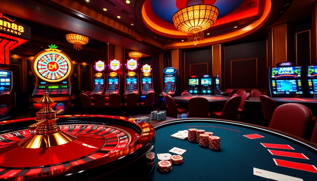 Exciting moment at Jun88 casino with vibrant slot machines and high-stakes poker table.