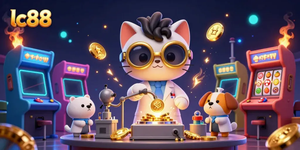 Engaging lc88 scene capturing a mad scientist cat and lab assistant dog amidst a vibrant casino atmosphere.