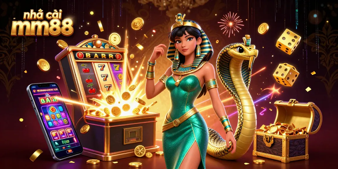 Experience the excitement of nhà cái mm88 with a stunning 3D casino-inspired illustration, showcasing vibrant slot elements.
