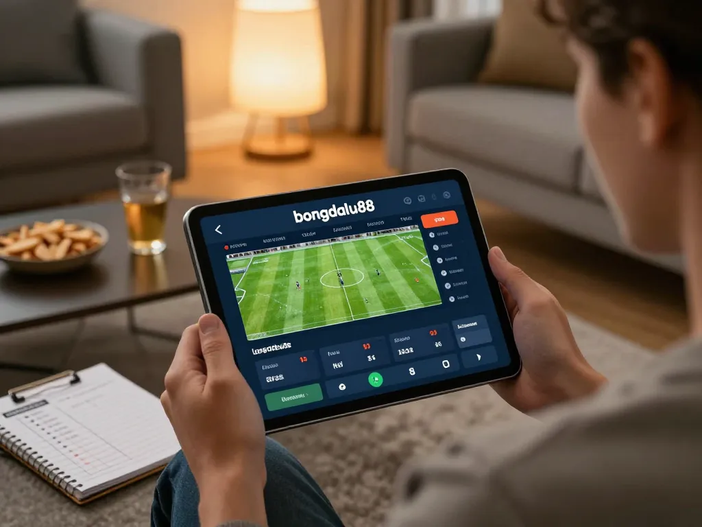 Bongdalu88 user engaging in online sports betting with live match odds displayed on tablet in cozy home setting.