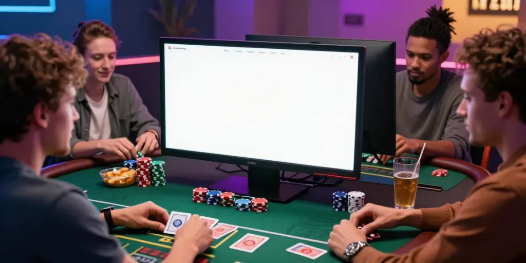 Exciting gathering around gambling sites not on GamStop with friends enjoying cards and chips.