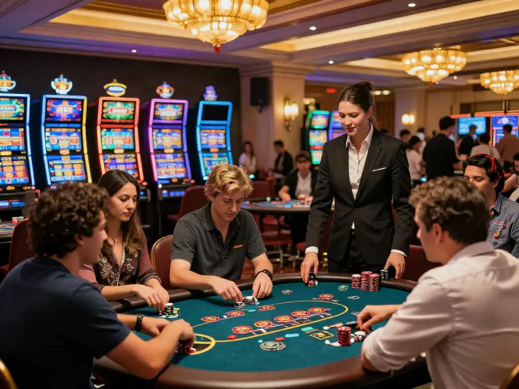 Exciting casino scene showcasing gambling sites not on GamStop with players at tables and vibrant slot machines.