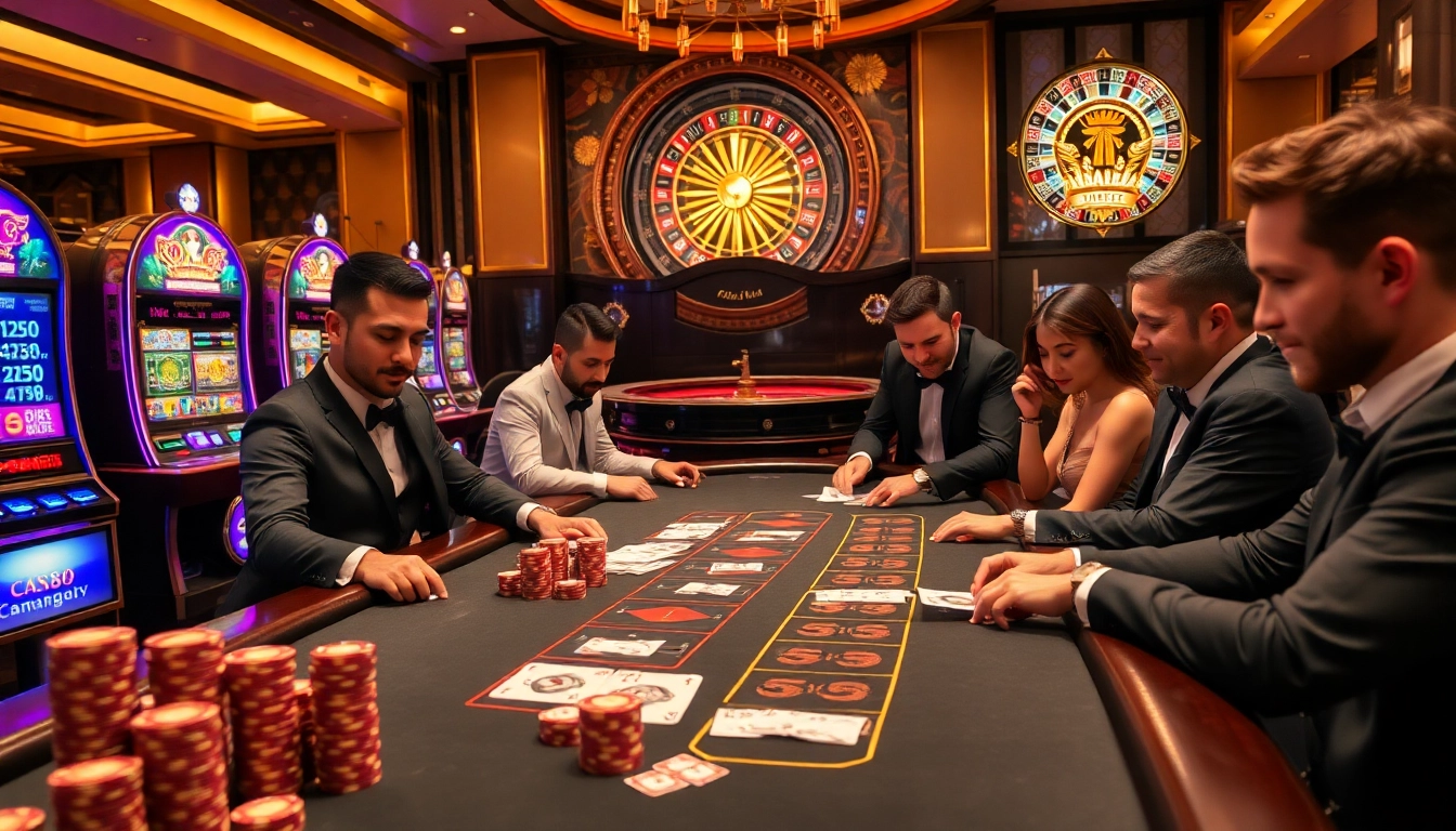 Engaging scene of players enjoying their bets at https://fa88.exchange/ with vibrant slot machines and a classic blackjack table.