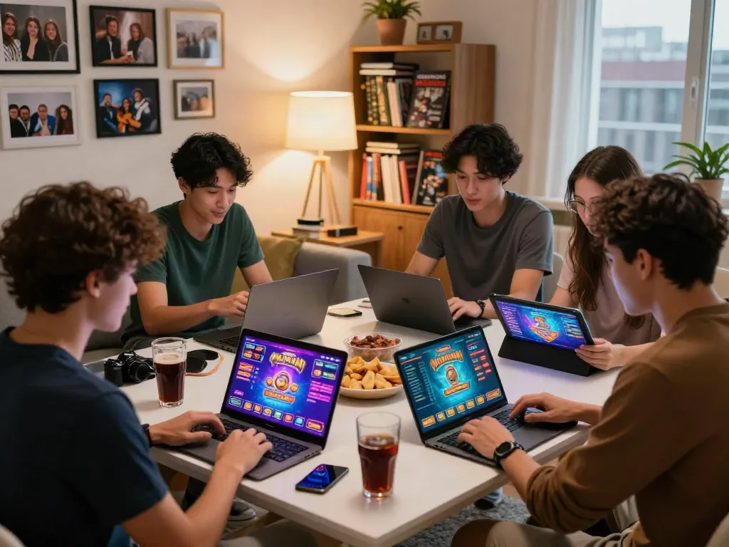 Friends enjoying gambling sites not on gamstop in a cozy home setting.