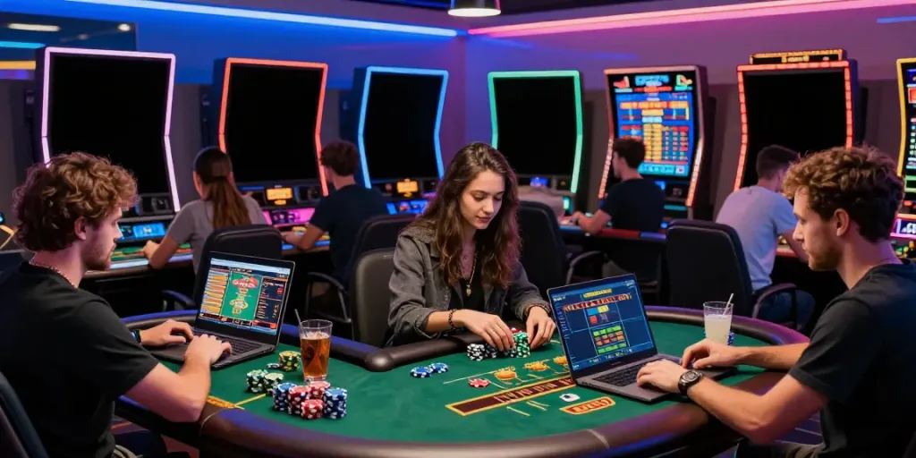Engaging players at diverse gambling sites not on GamStop in a vibrant casino environment.