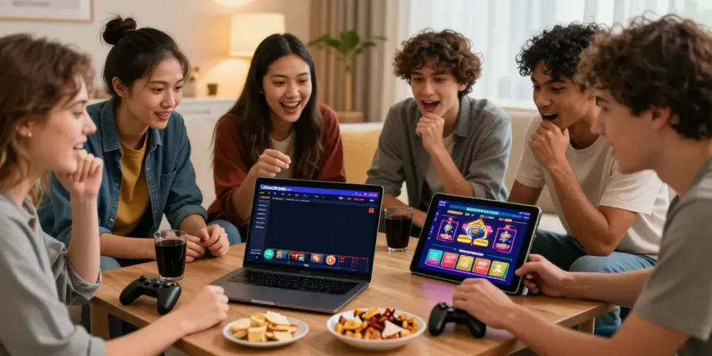 Friends discovering exciting gambling sites not on GamStop during a cozy game night.