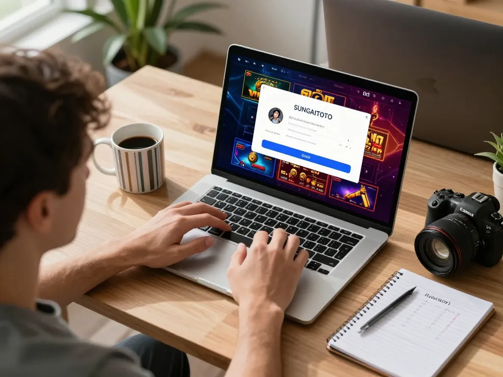 SUNGAITOTO login screen featuring user engaged in online gaming strategy and focused on gaming.
