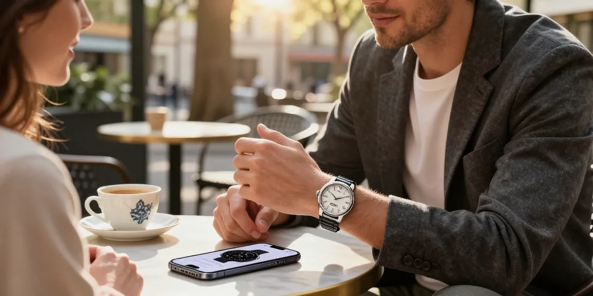 Stylish individual wearing a stunning replica watch at a chic café, highlighting sophistication and lifestyle.