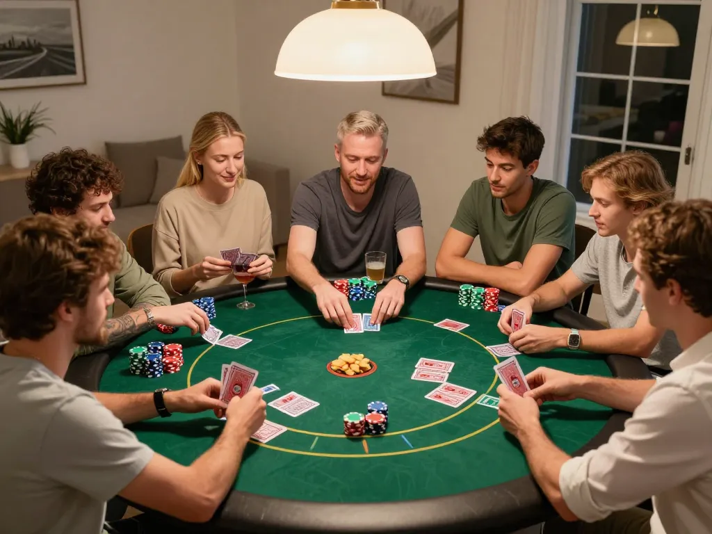 Players enjoying strategic poker gameplay at home, highlighting gamebaidoithuong8 ambiance and camaraderie.