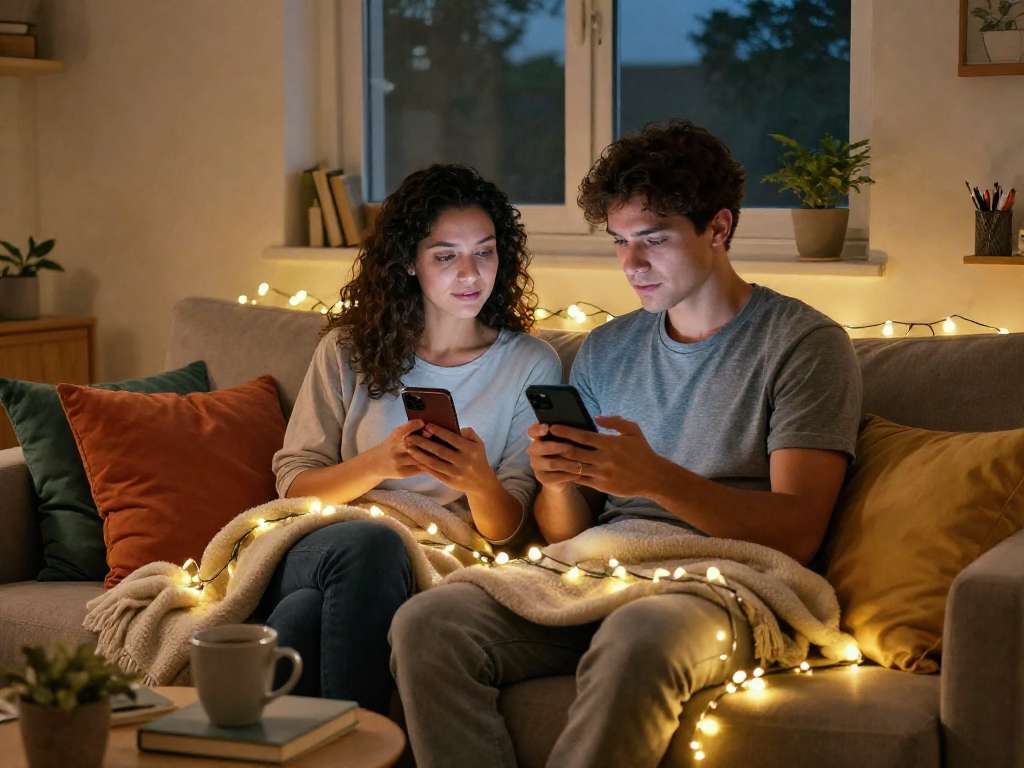 Couple using ai chat porn app on smartphones in a cozy setting.