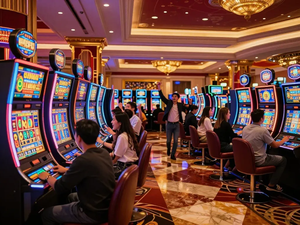 Players enjoying slot machines at river4 casino, celebrating wins in an inviting atmosphere.