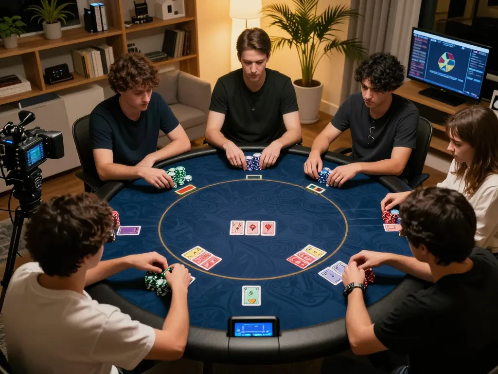 Players engage in an online poker game, strategically betting and enjoying lsa entertainment in a cozy home.