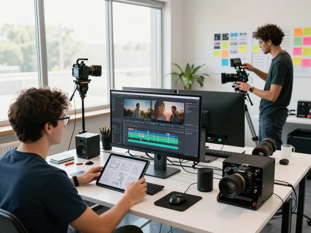 Seedance 2.0 AI video production team collaborating in a bright studio environment
