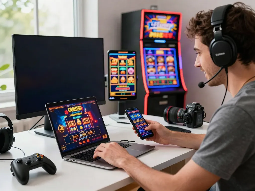 Enthusiastic player exploring gambling sites not on GamStop in a modern home office.