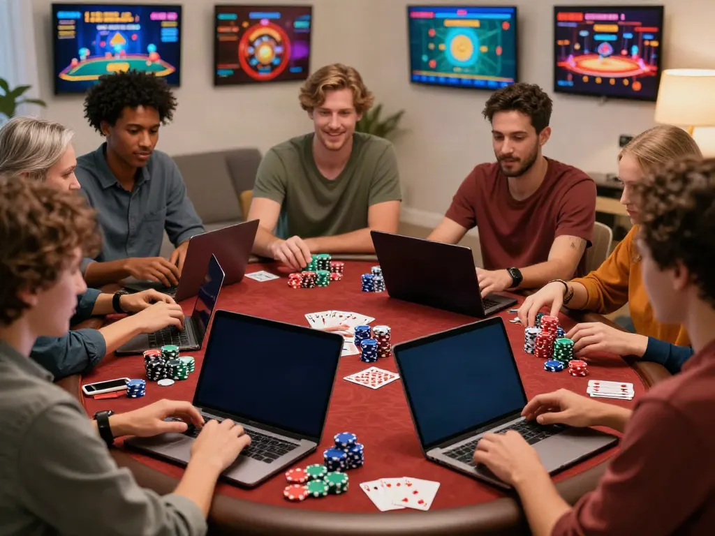Excited players engaging with gambling sites not on GamStop from home, showcasing diverse gaming devices and vibrant decor.
