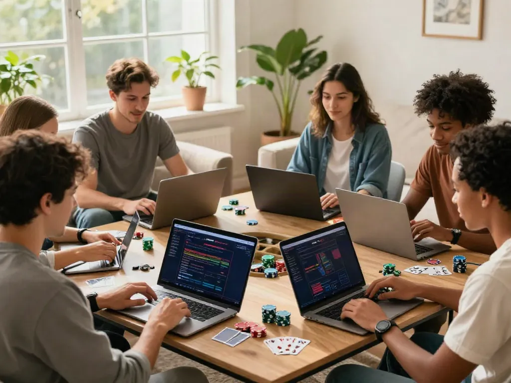 Friends exploring gambling sites not on GamStop while enjoying casual home atmosphere.