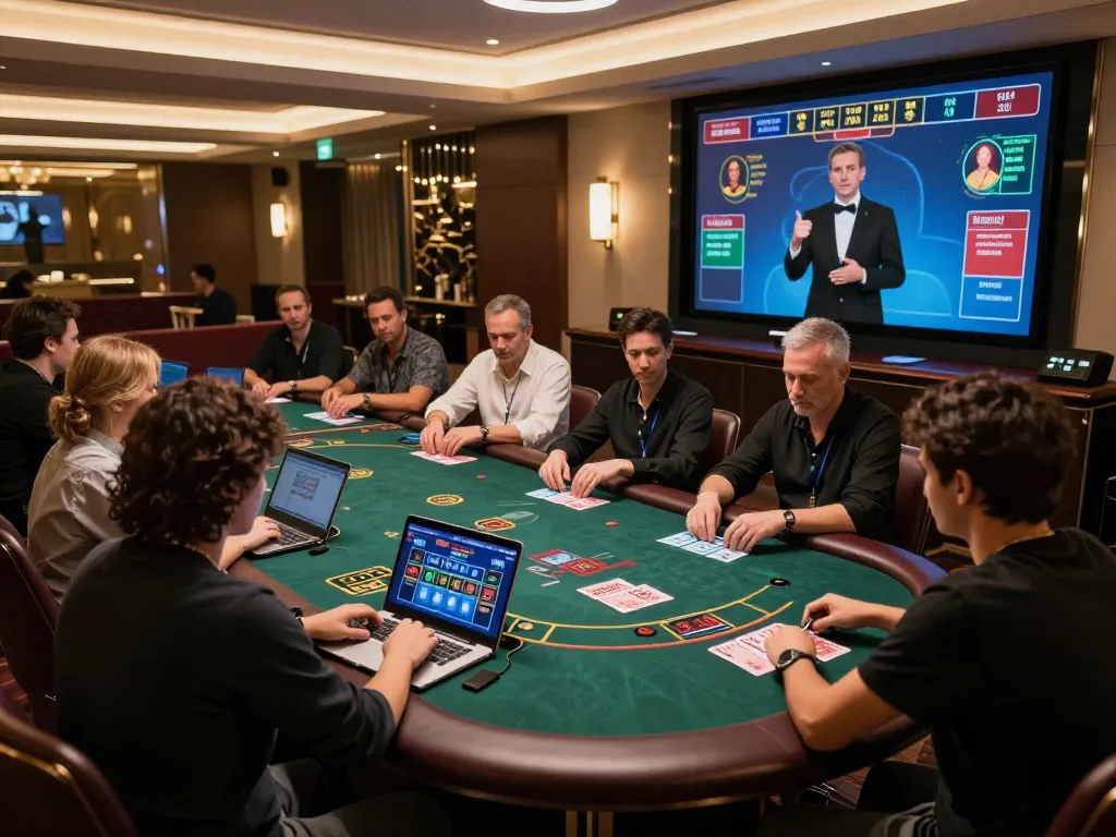Players engaged with sky88 online blackjack, strategizing bets in elegant virtual lounge.