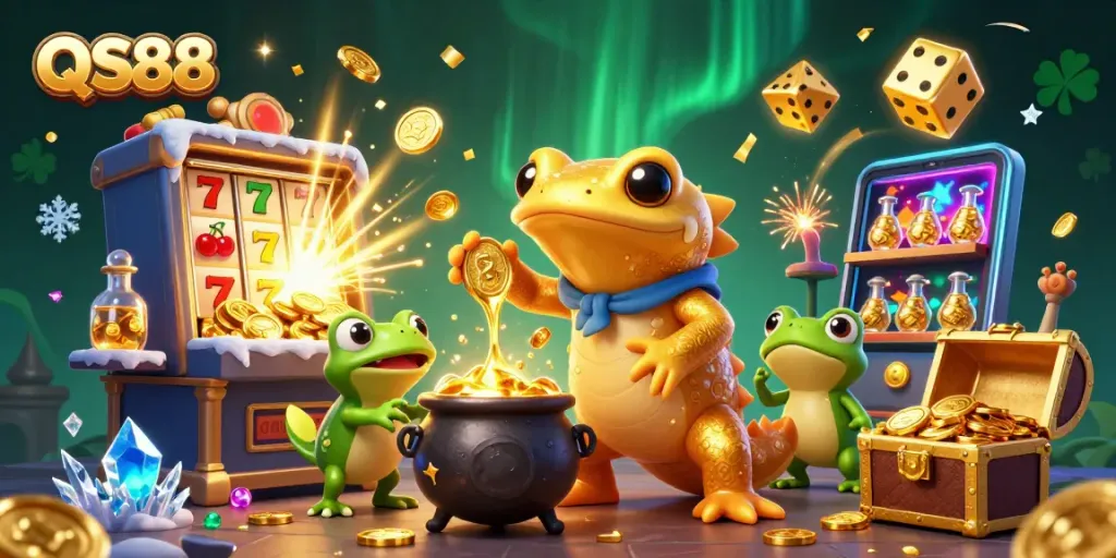 Experience thrilling wins at QS88 with a vibrant 3D casino illustration of gold and gaming elements.