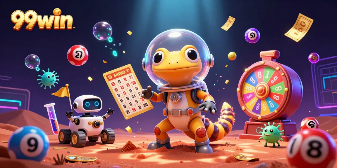 Experience fun with 99win's lively lottery games in a vibrant 3D Martian casino scene.