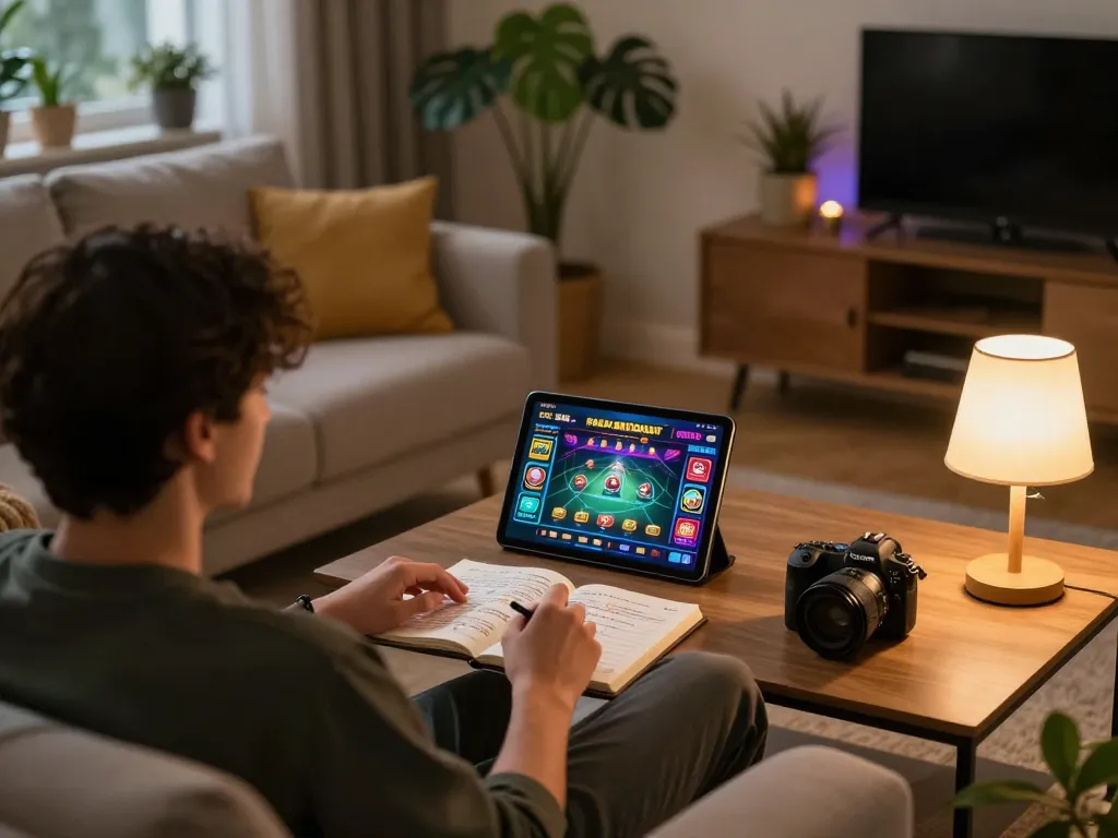 Engaging online gambling experience with tr88 displayed on tablet screen, cozy home environment