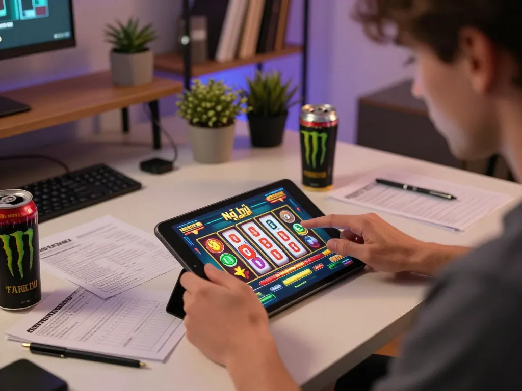 Nổ hũ gameplay on a tablet showcasing excitement in a cozy home office environment