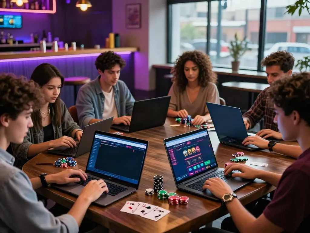 Diverse group researching gambling sites not on GamStop in vibrant urban apartment