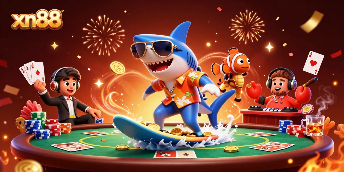 xn88 showcases a vibrant surfing shark amidst a cascade of poker elements and celebration.